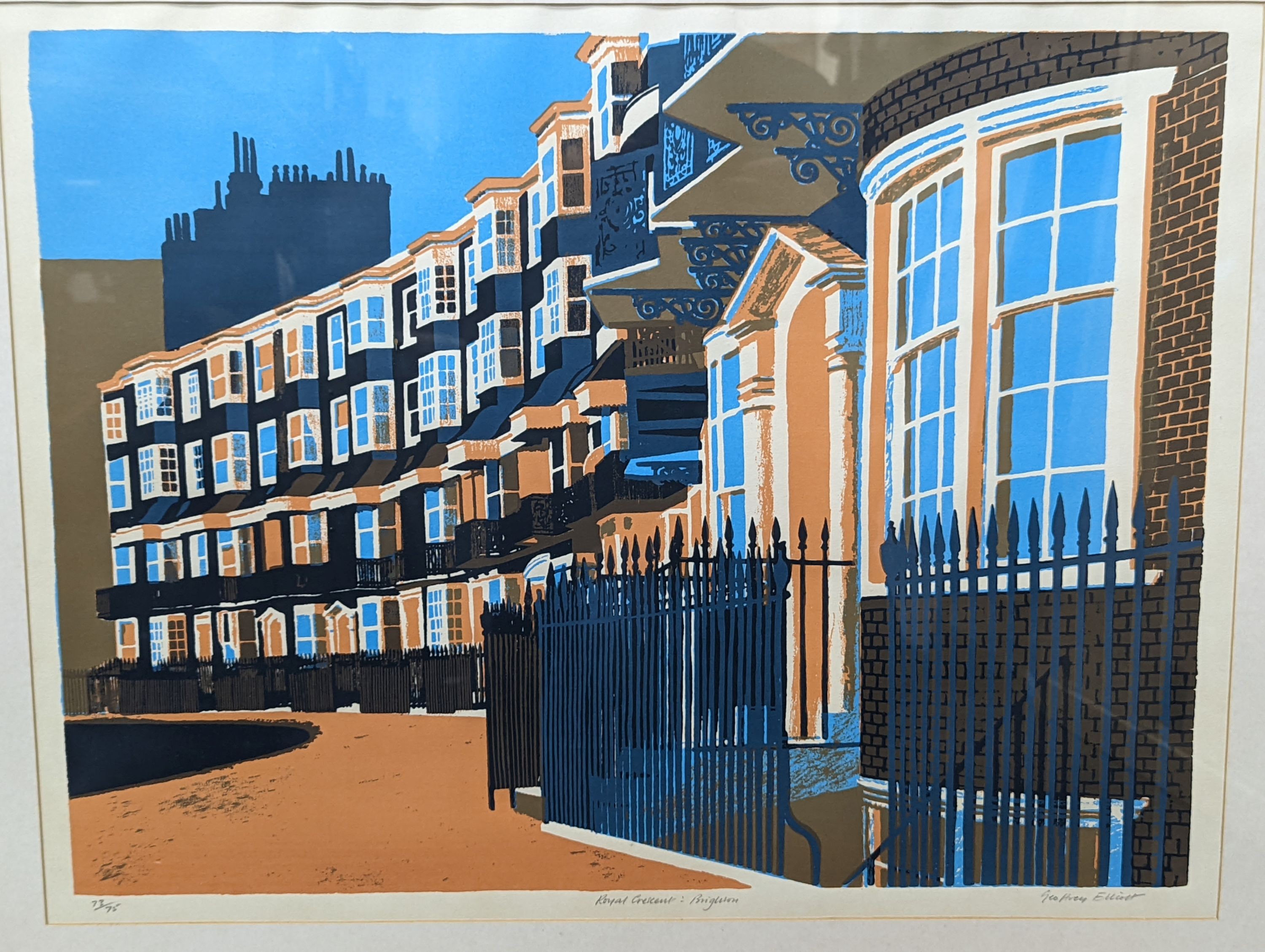 Geoffrey Elliott (1935-), screen print, Royal Crescent, Brighton, signed in pencil, 73/75, 47 x 62cm